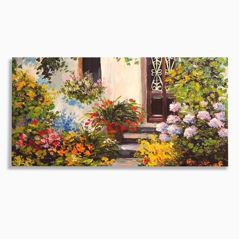 Tablou Canvas Premium LuxCanva® A1078, Aleea Cu Flori , Peisaj, Gradina, Casa, Natura, Culori Vibrante