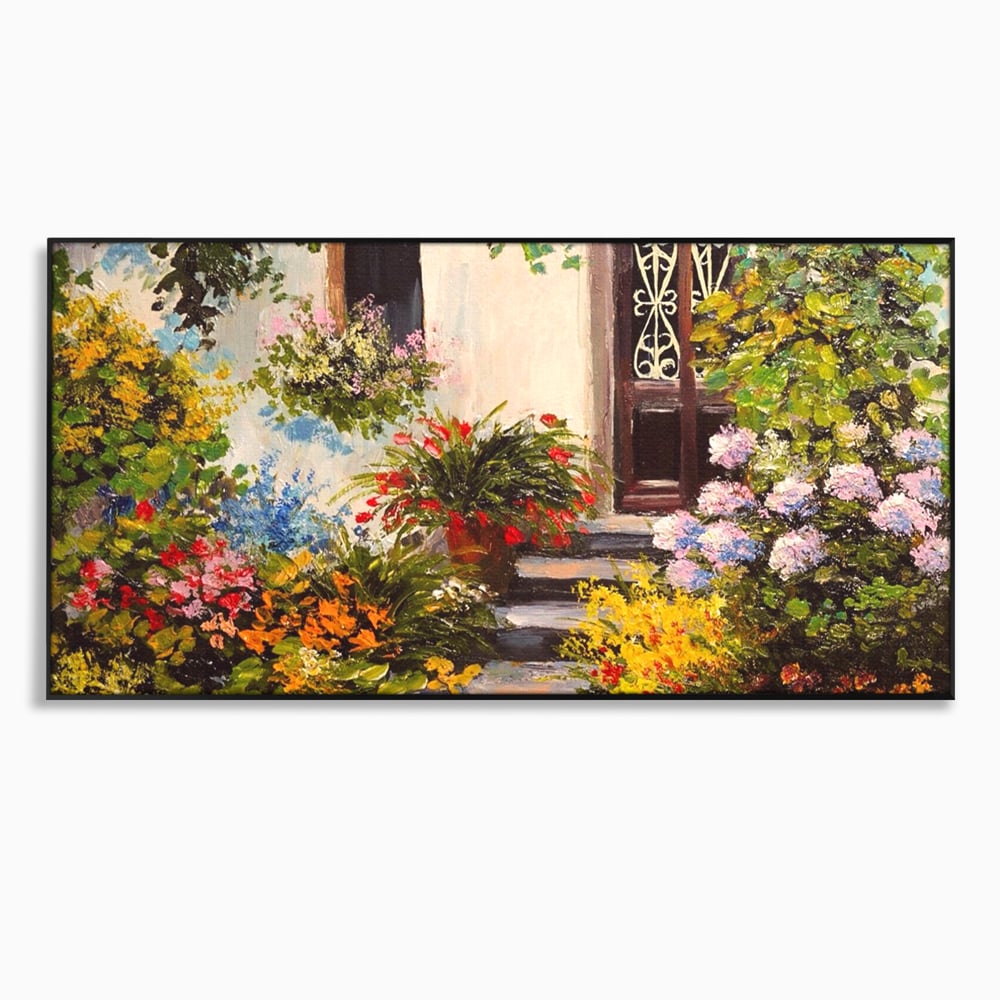 Tablou Canvas Premium LuxCanva® A1078, Aleea Cu Flori , Peisaj, Gradina, Casa, Natura, Culori Vibrante