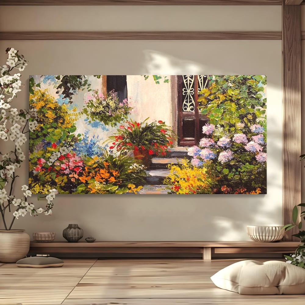 Tablou Canvas Premium LuxCanva® A1078, Aleea Cu Flori , Peisaj, Gradina, Casa, Natura, Culori Vibrante