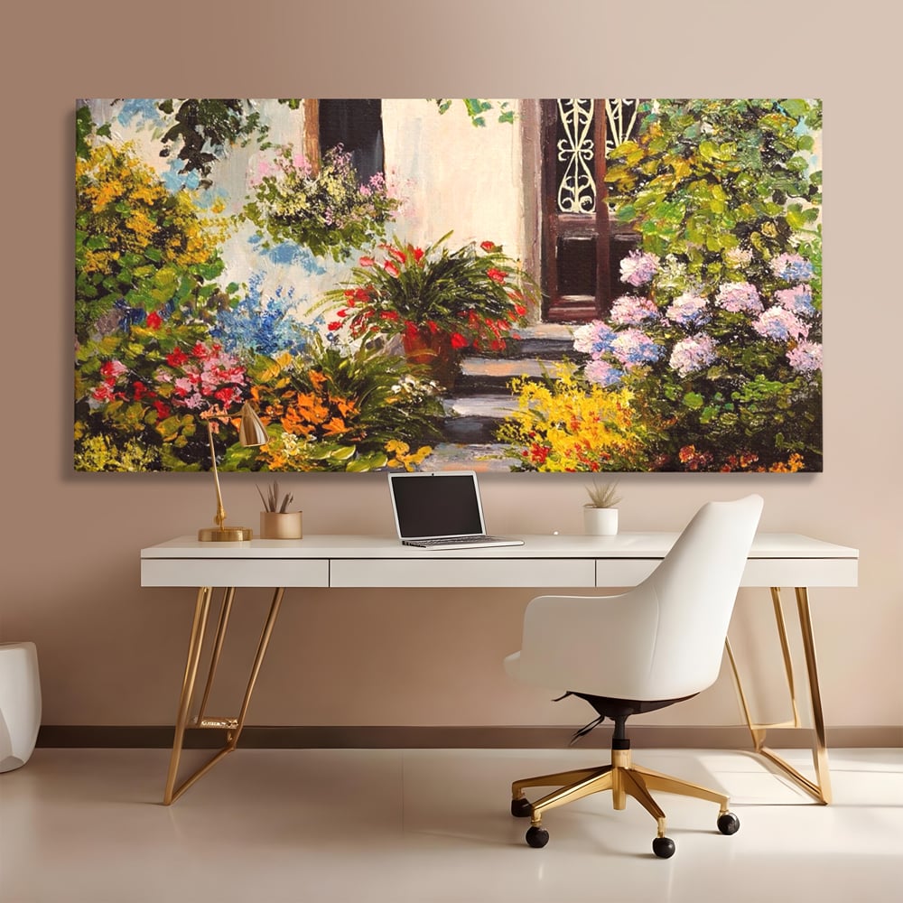 Tablou Canvas Premium LuxCanva® A1078, Aleea Cu Flori , Peisaj, Gradina, Casa, Natura, Culori Vibrante