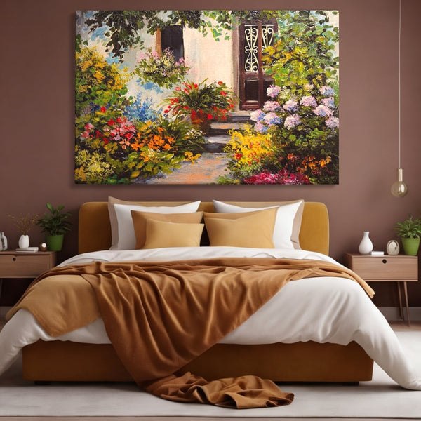 Tablou Canvas Premium LuxCanva® A1078, Aleea Cu Flori , Peisaj, Gradina, Casa, Natura, Culori Vibrante