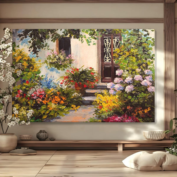 Tablou Canvas Premium LuxCanva® A1078, Aleea Cu Flori , Peisaj, Gradina, Casa, Natura, Culori Vibrante