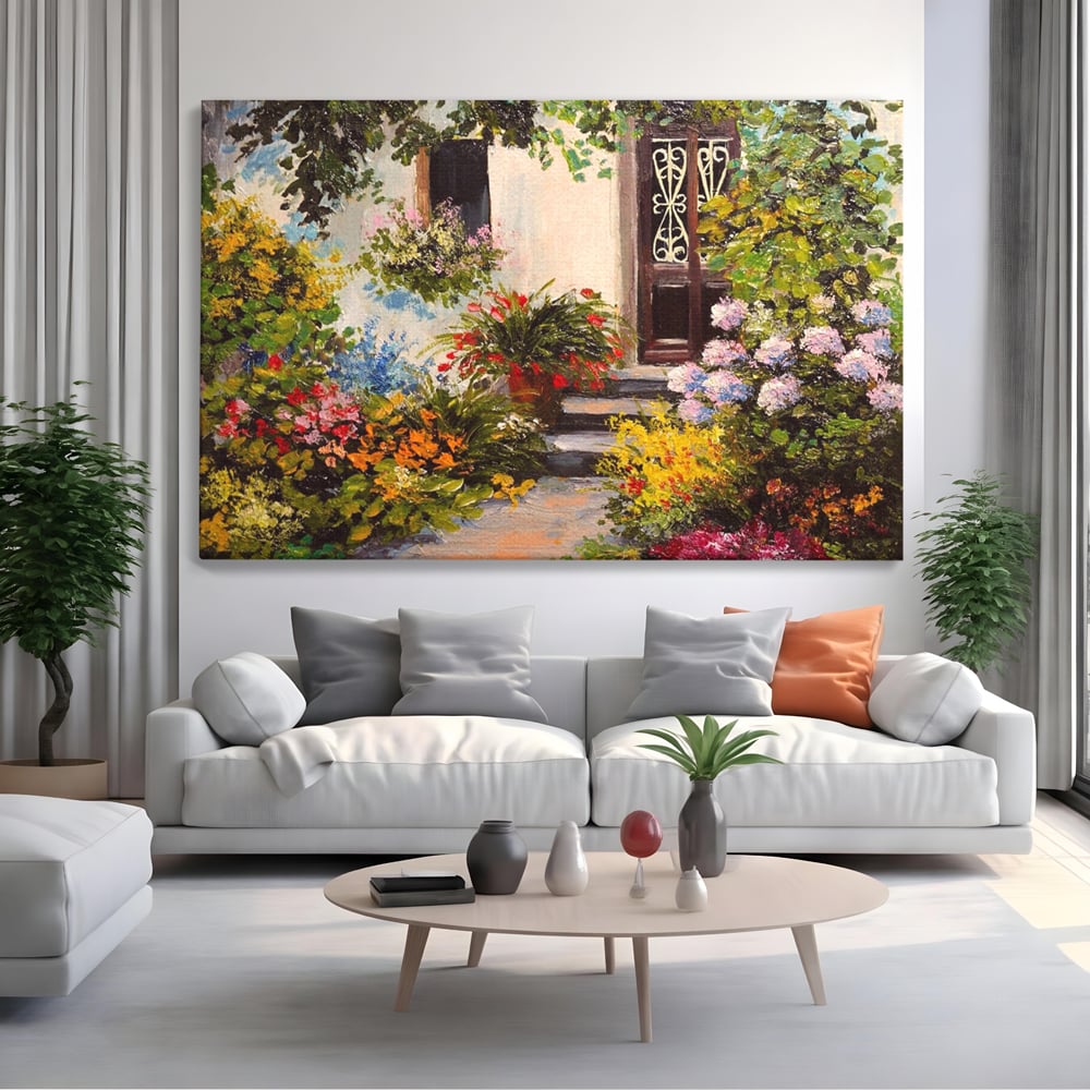 Tablou Canvas Premium LuxCanva® A1078, Aleea Cu Flori , Peisaj, Gradina, Casa, Natura, Culori Vibrante