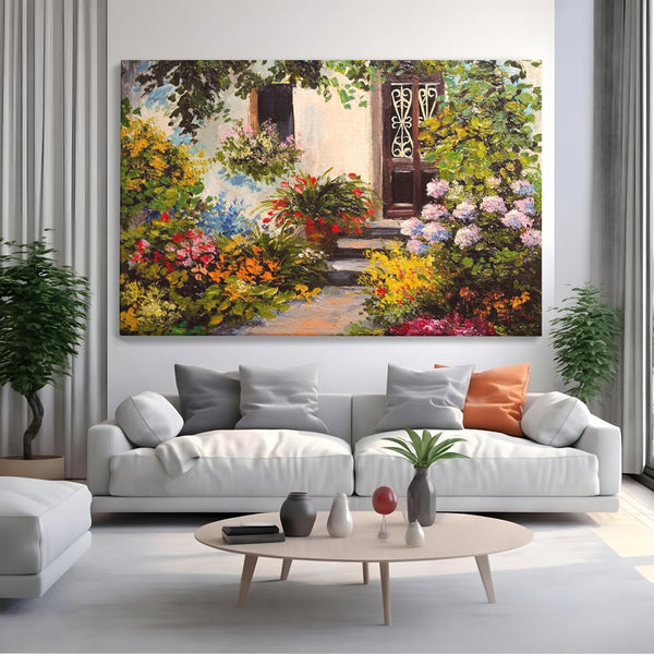 Tablou Canvas Premium LuxCanva® A1078, Aleea Cu Flori , Peisaj, Gradina, Casa, Natura, Culori Vibrante