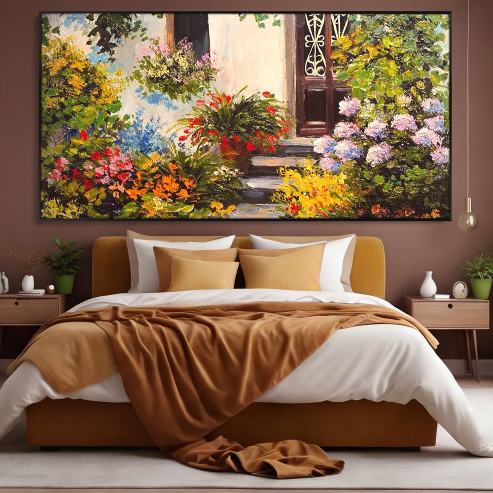 Tablou Canvas Premium LuxCanva® A1078, Aleea Cu Flori , Peisaj, Gradina, Casa, Natura, Culori Vibrante