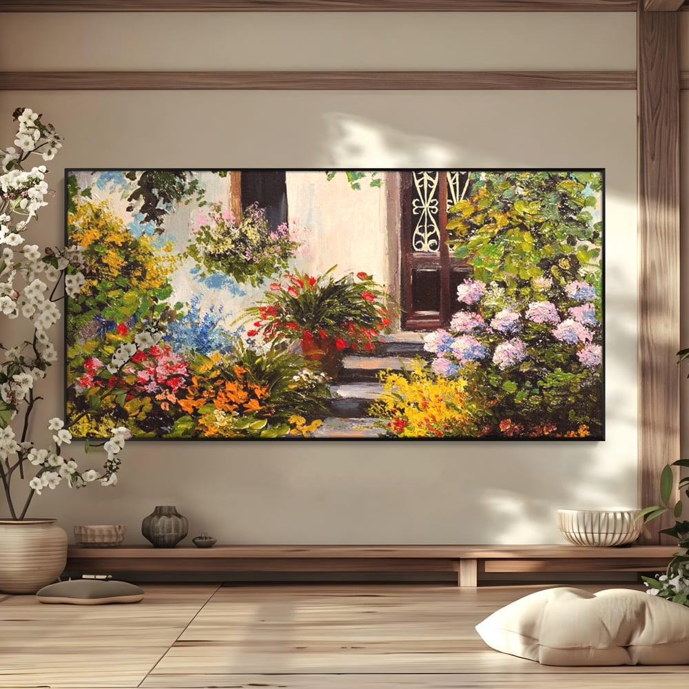 Tablou Canvas Premium LuxCanva® A1078, Aleea Cu Flori , Peisaj, Gradina, Casa, Natura, Culori Vibrante