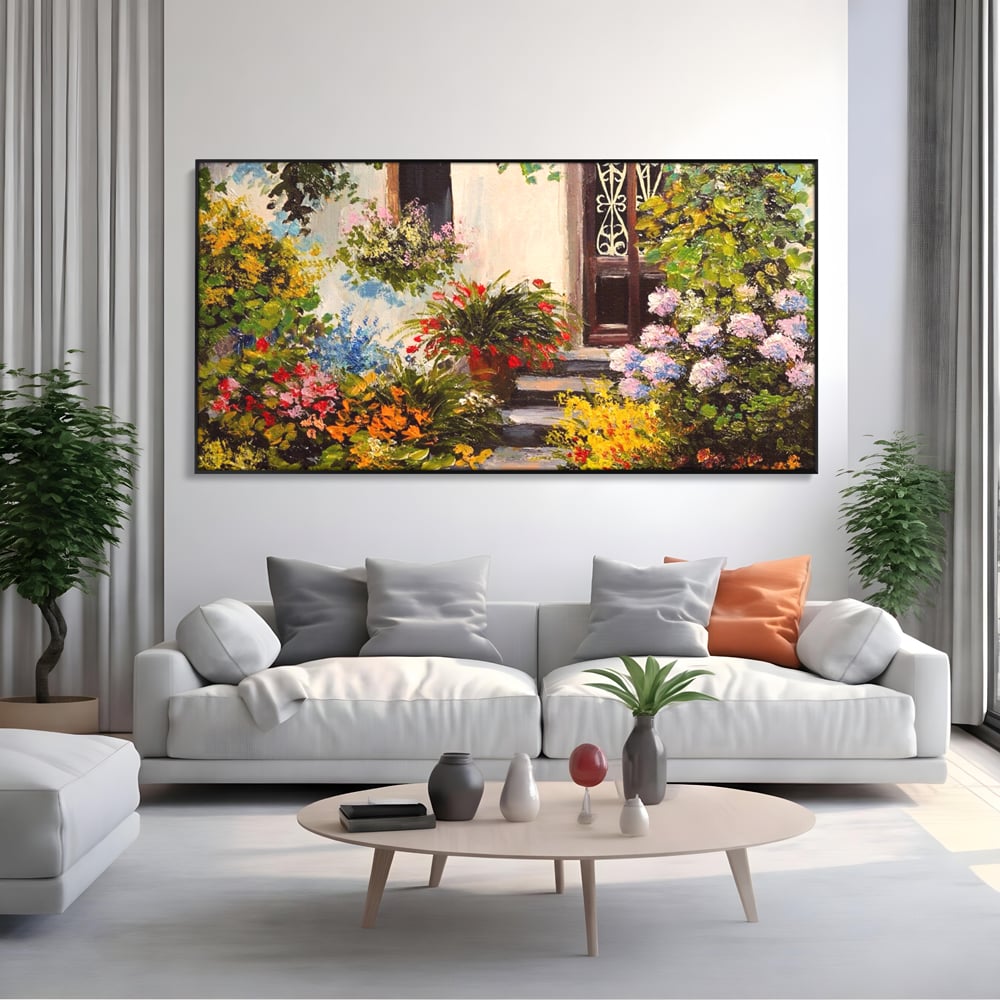 Tablou Canvas Premium LuxCanva® A1078, Aleea Cu Flori , Peisaj, Gradina, Casa, Natura, Culori Vibrante