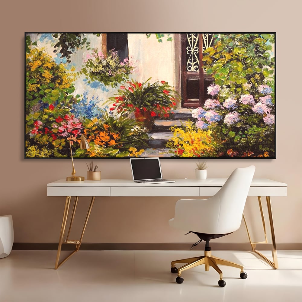Tablou Canvas Premium LuxCanva® A1078, Aleea Cu Flori , Peisaj, Gradina, Casa, Natura, Culori Vibrante
