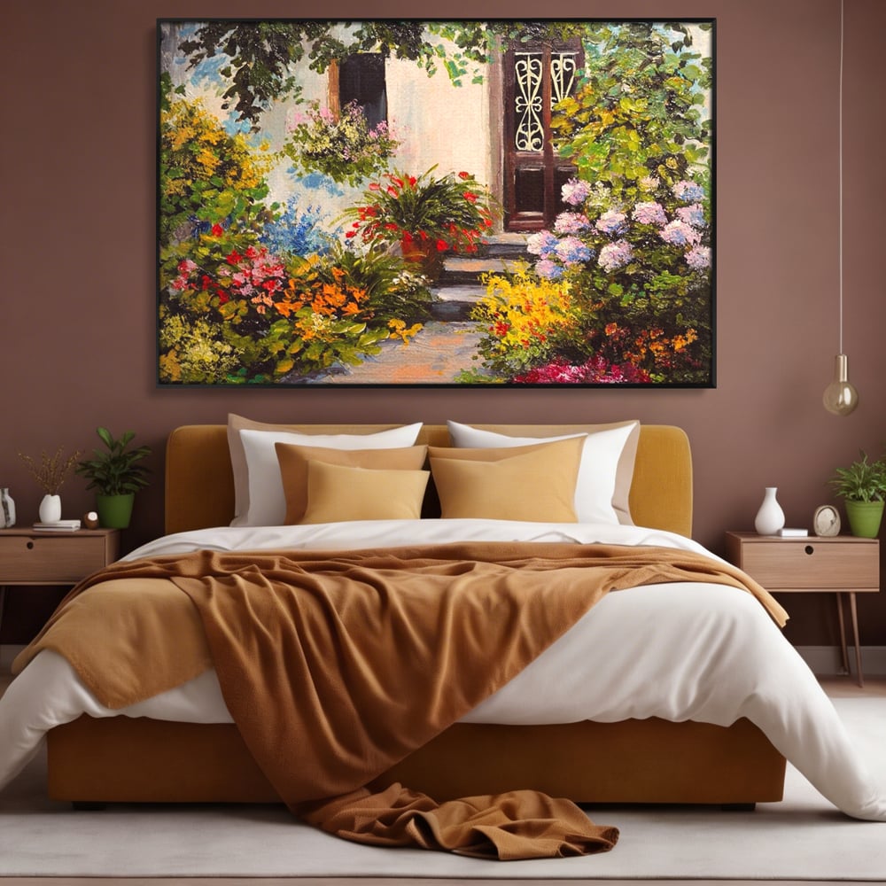 Tablou Canvas Premium LuxCanva® A1078, Aleea Cu Flori , Peisaj, Gradina, Casa, Natura, Culori Vibrante