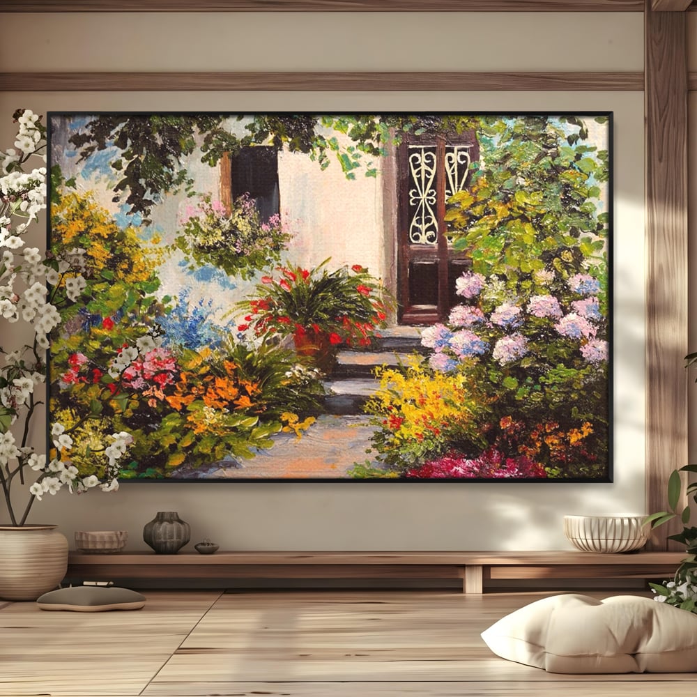Tablou Canvas Premium LuxCanva® A1078, Aleea Cu Flori , Peisaj, Gradina, Casa, Natura, Culori Vibrante