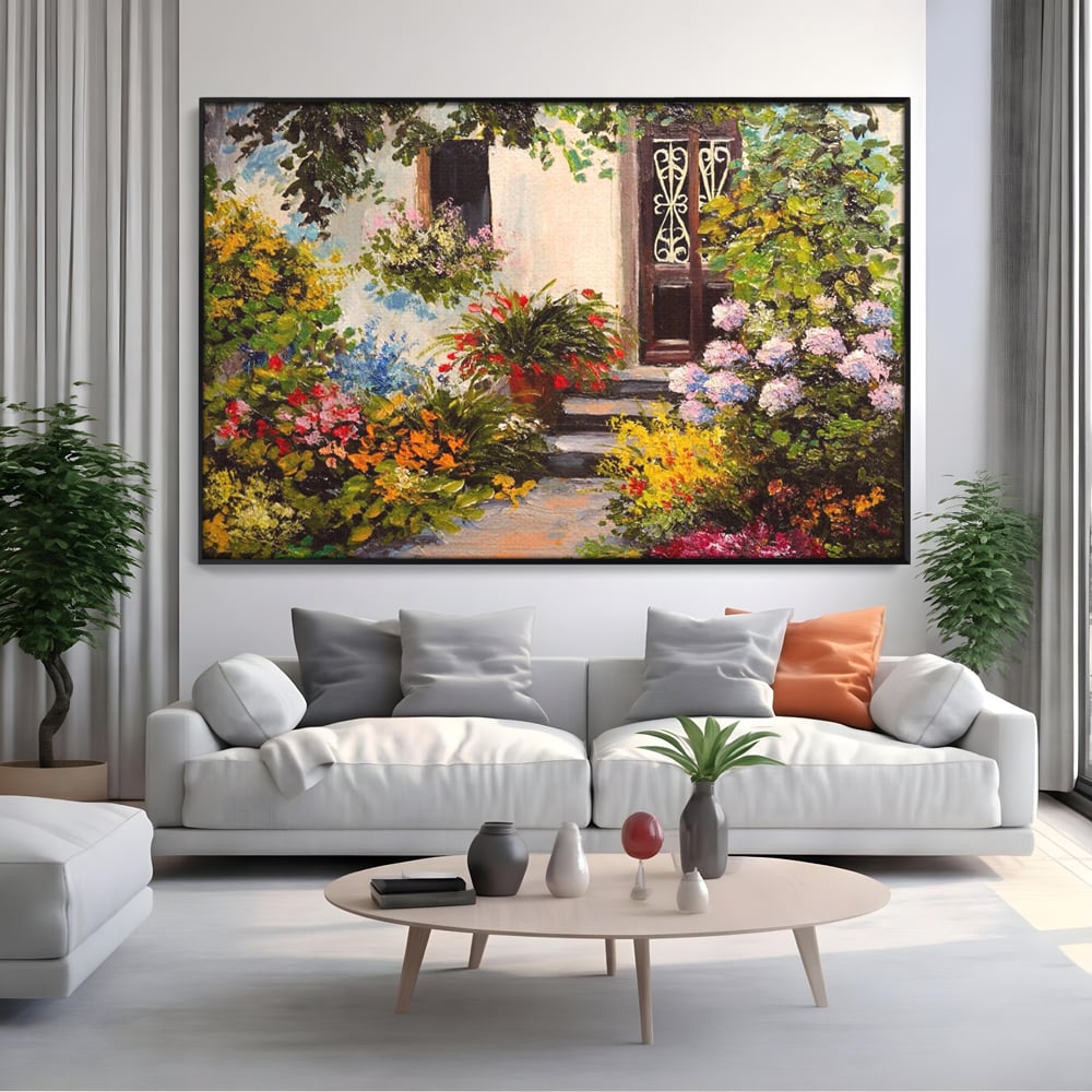 Tablou Canvas Premium LuxCanva® A1078, Aleea Cu Flori , Peisaj, Gradina, Casa, Natura, Culori Vibrante