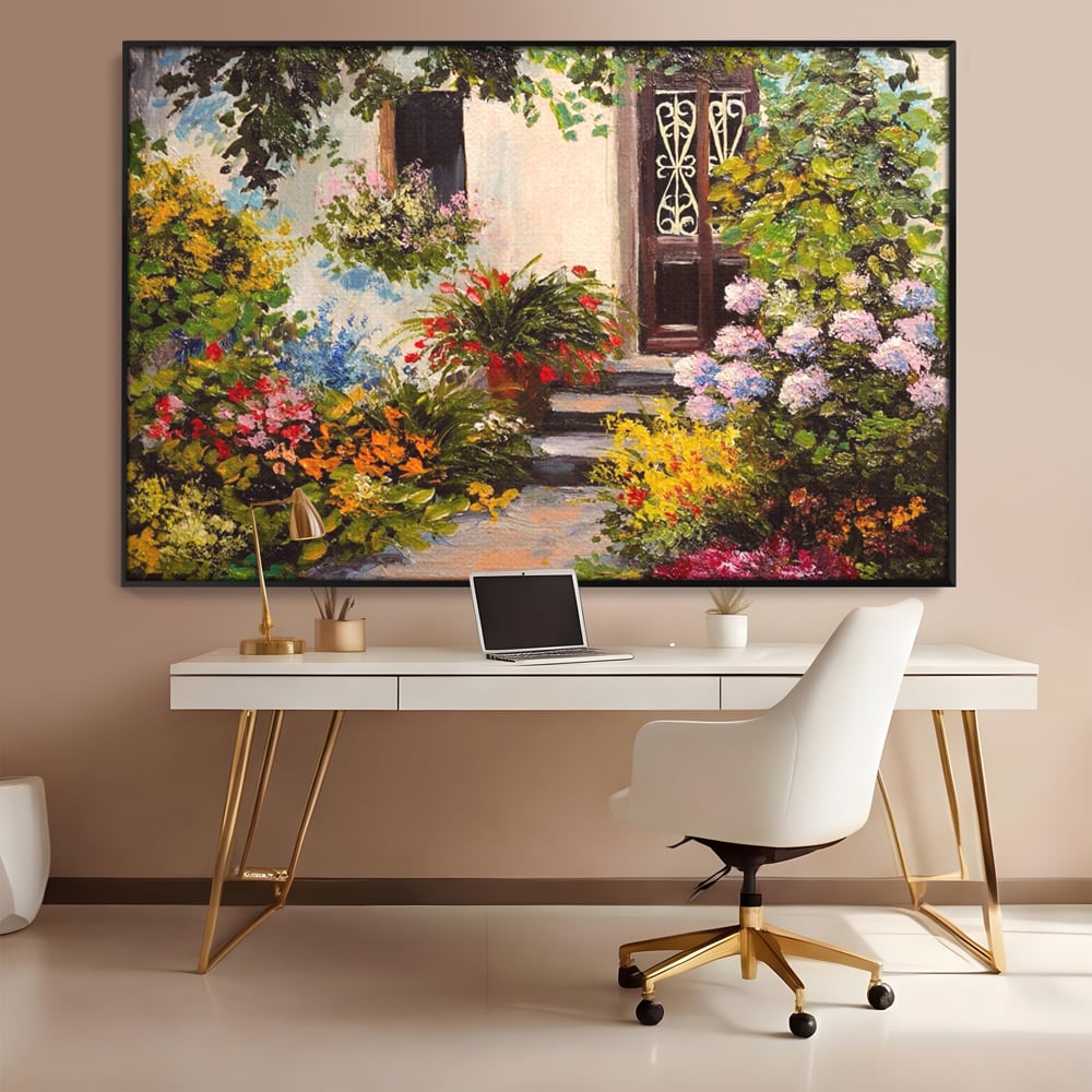 Tablou Canvas Premium LuxCanva® A1078, Aleea Cu Flori , Peisaj, Gradina, Casa, Natura, Culori Vibrante