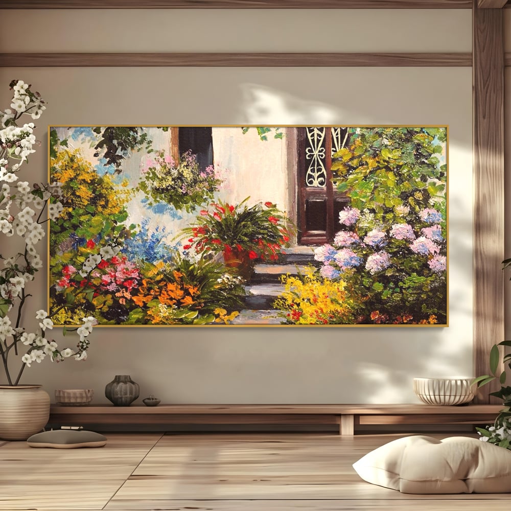 Tablou Canvas Premium LuxCanva® A1078, Aleea Cu Flori , Peisaj, Gradina, Casa, Natura, Culori Vibrante