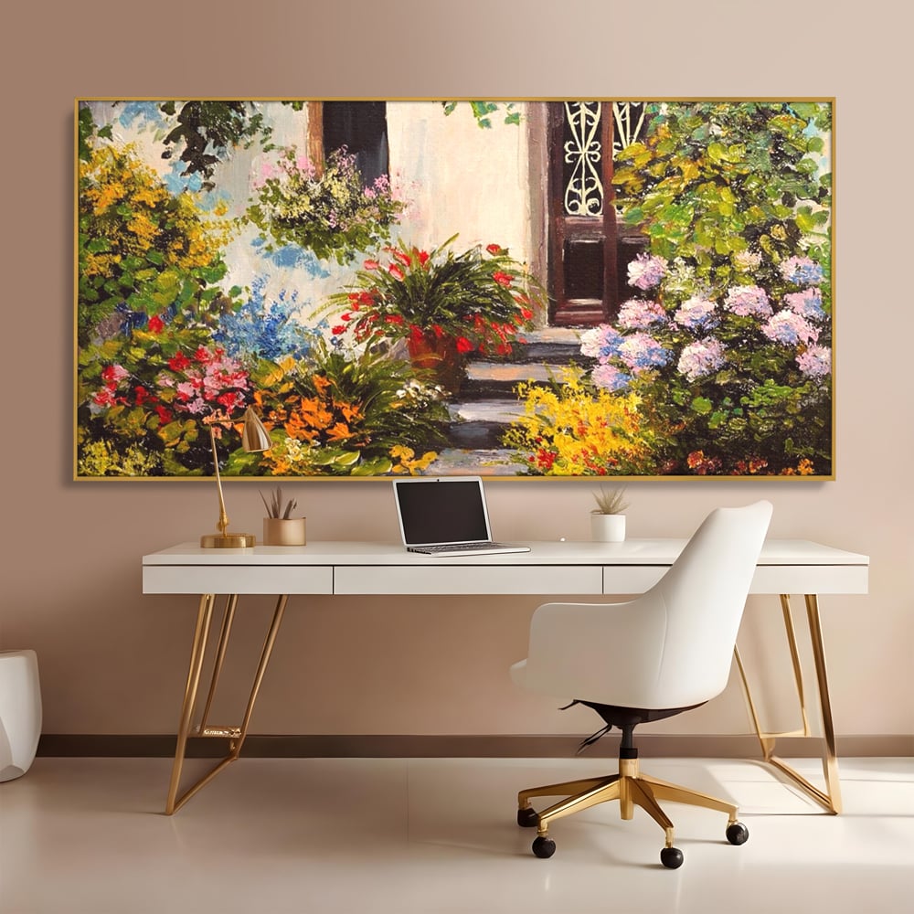 Tablou Canvas Premium LuxCanva® A1078, Aleea Cu Flori , Peisaj, Gradina, Casa, Natura, Culori Vibrante