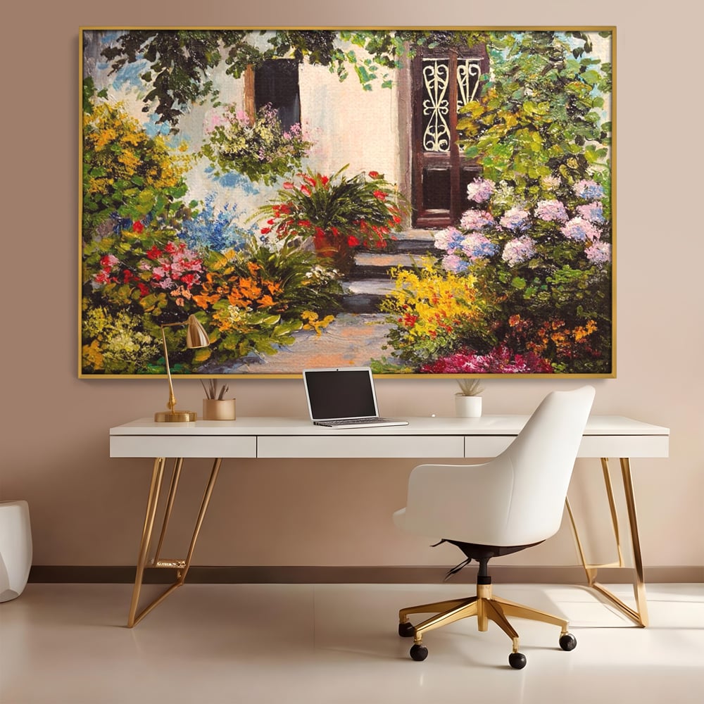 Tablou Canvas Premium LuxCanva® A1078, Aleea Cu Flori , Peisaj, Gradina, Casa, Natura, Culori Vibrante