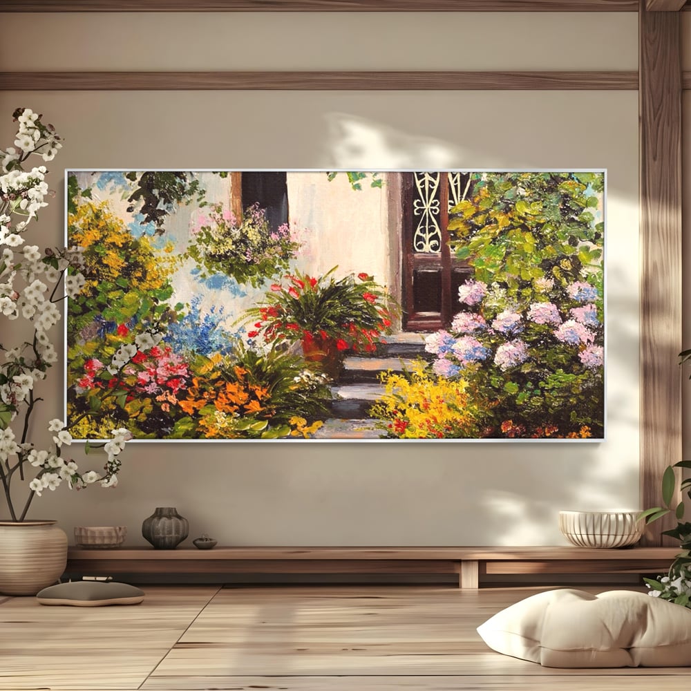 Tablou Canvas Premium LuxCanva® A1078, Aleea Cu Flori , Peisaj, Gradina, Casa, Natura, Culori Vibrante