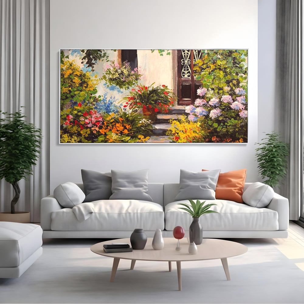 Tablou Canvas Premium LuxCanva® A1078, Aleea Cu Flori , Peisaj, Gradina, Casa, Natura, Culori Vibrante