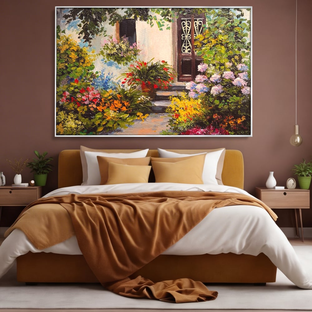 Tablou Canvas Premium LuxCanva® A1078, Aleea Cu Flori , Peisaj, Gradina, Casa, Natura, Culori Vibrante