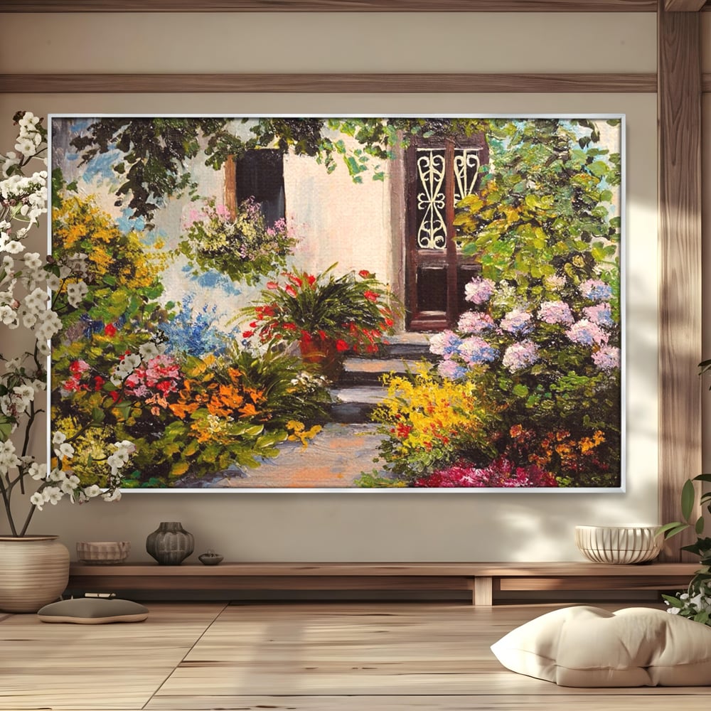 Tablou Canvas Premium LuxCanva® A1078, Aleea Cu Flori , Peisaj, Gradina, Casa, Natura, Culori Vibrante