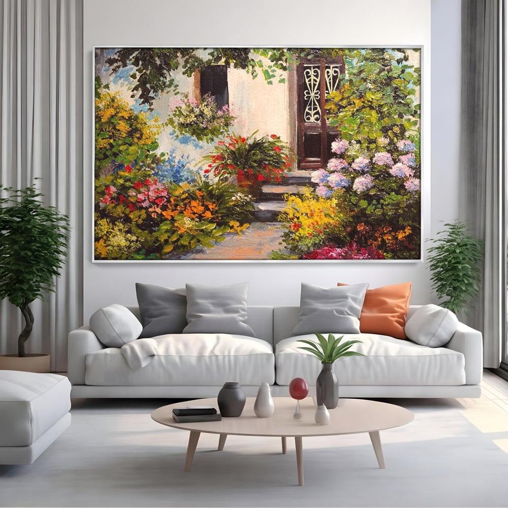Tablou Canvas Premium LuxCanva® A1078, Aleea Cu Flori , Peisaj, Gradina, Casa, Natura, Culori Vibrante