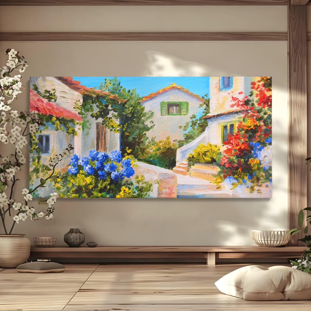 Tablou Canvas Premium LuxCanva® A1079, Casa Cu Flori , Peisaj, Natura, Verde, Culori Vibrante