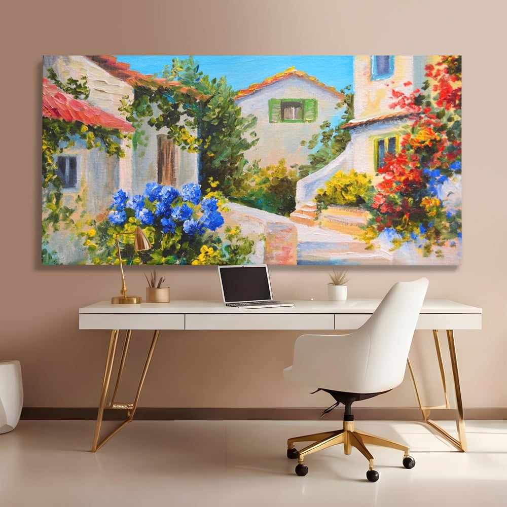 Tablou Canvas Premium LuxCanva® A1079, Casa Cu Flori , Peisaj, Natura, Verde, Culori Vibrante