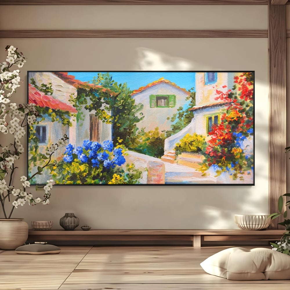 Tablou Canvas Premium LuxCanva® A1079, Casa Cu Flori , Peisaj, Natura, Verde, Culori Vibrante
