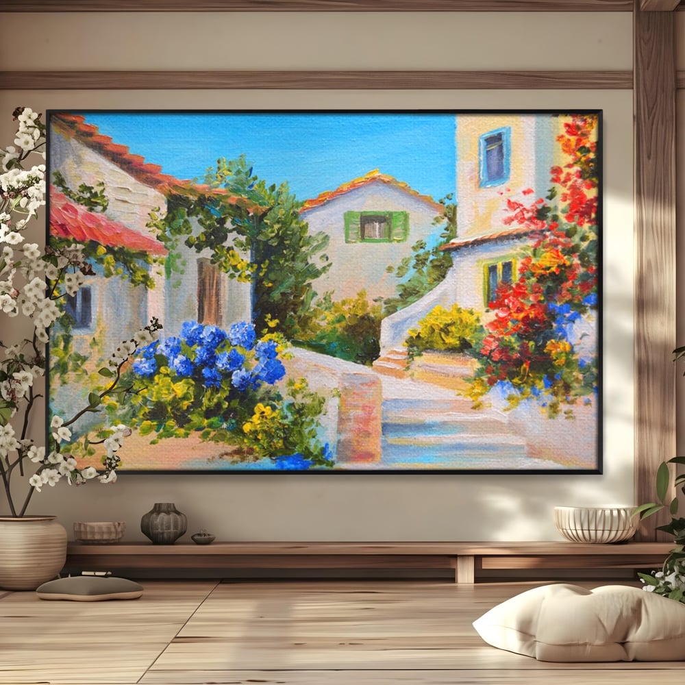 Tablou Canvas Premium LuxCanva® A1079, Casa Cu Flori , Peisaj, Natura, Verde, Culori Vibrante