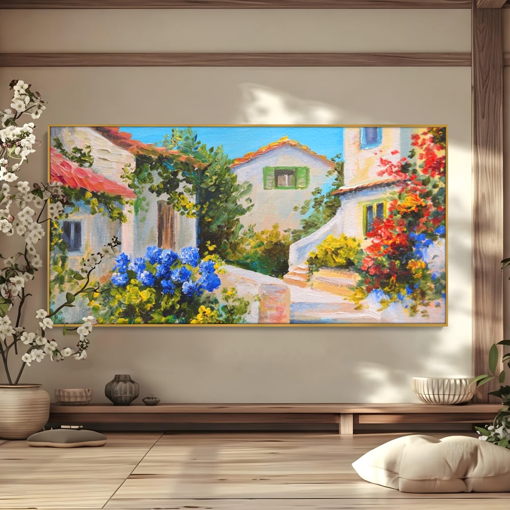Tablou Canvas Premium LuxCanva® A1079, Casa Cu Flori , Peisaj, Natura, Verde, Culori Vibrante