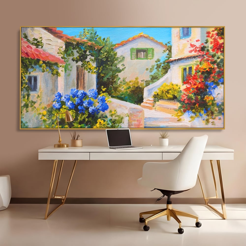 Tablou Canvas Premium LuxCanva® A1079, Casa Cu Flori , Peisaj, Natura, Verde, Culori Vibrante