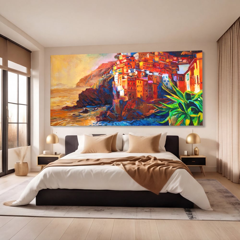 Tablou Canvas Premium LuxCanva® A1080, Oras La Malul Marii , Peisaj, Case, Cladiri, Stanci, Culori Vibrante