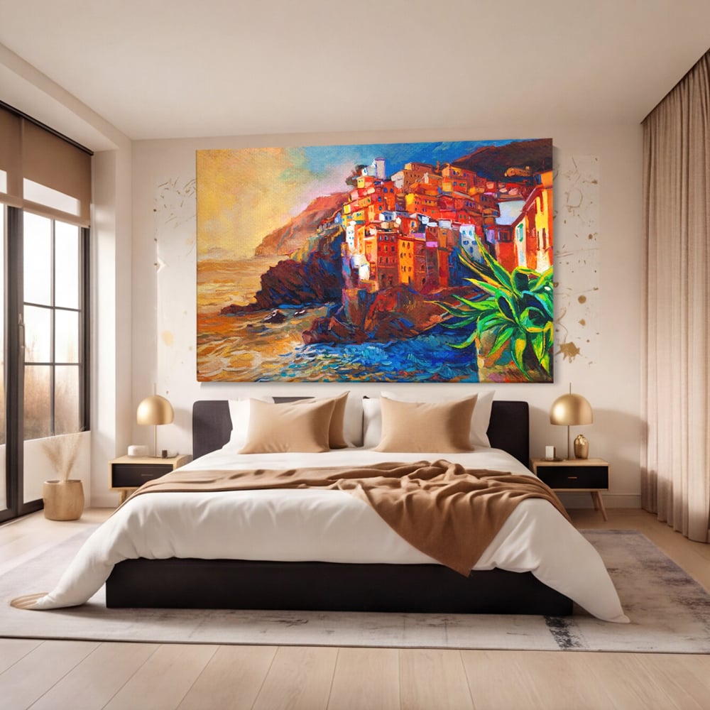 Tablou Canvas Premium LuxCanva® A1080, Oras La Malul Marii , Peisaj, Case, Cladiri, Stanci, Culori Vibrante