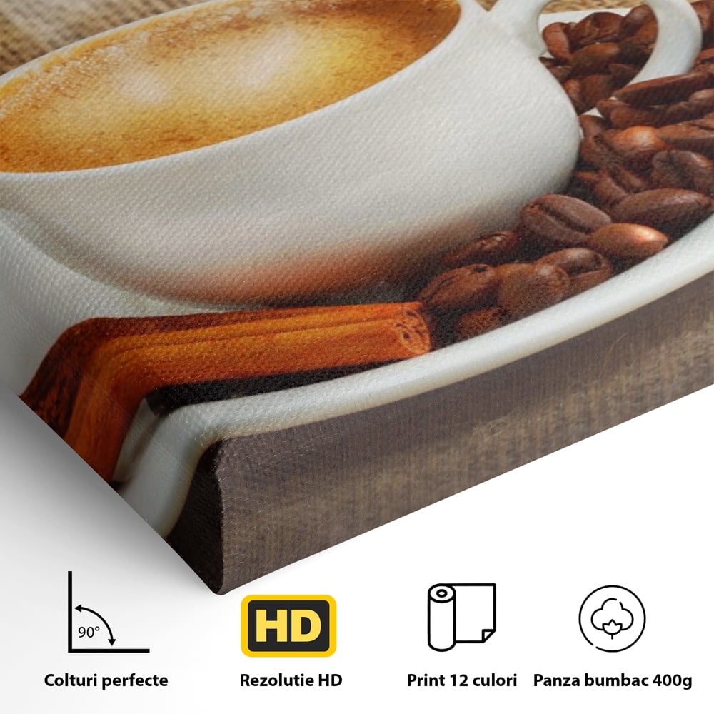 Tablou Canvas Premium LuxCanva® A1095, Aroma De Cafea , Scortisoara, Cappuccino, Boabe De Cafea, Culori Vibrante
