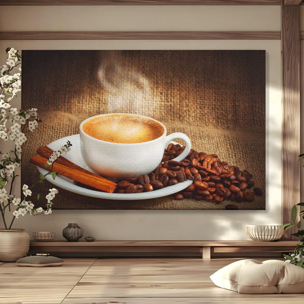 Tablou Canvas Premium LuxCanva® A1095, Aroma De Cafea , Scortisoara, Cappuccino, Boabe De Cafea, Culori Vibrante