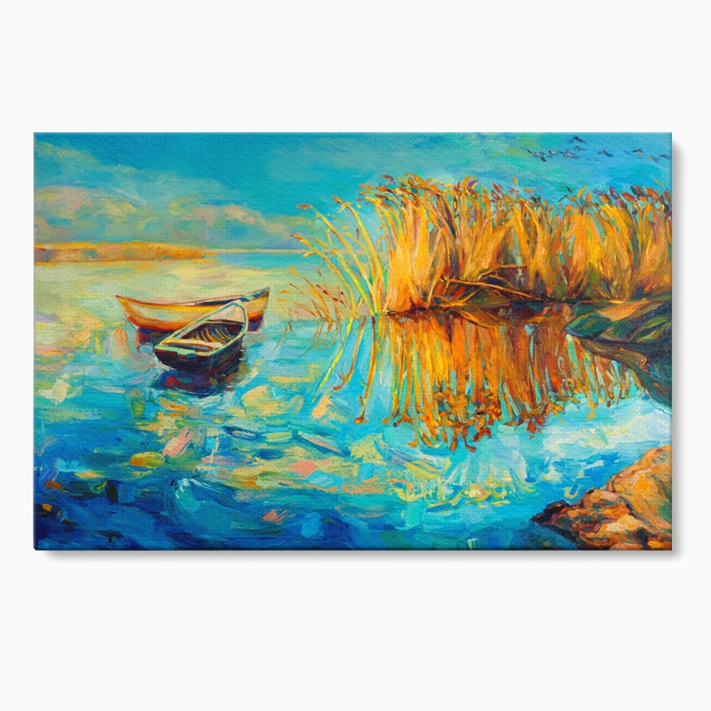 Tablou Canvas Premium  LuxCanva® A1096, Doua Barci , Stuf, Lac, Pasari, Culori Vibrante
