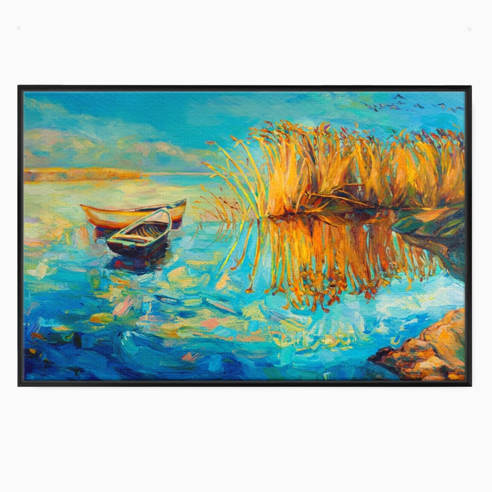 Tablou Canvas Premium  LuxCanva® A1096, Doua Barci , Stuf, Lac, Pasari, Culori Vibrante