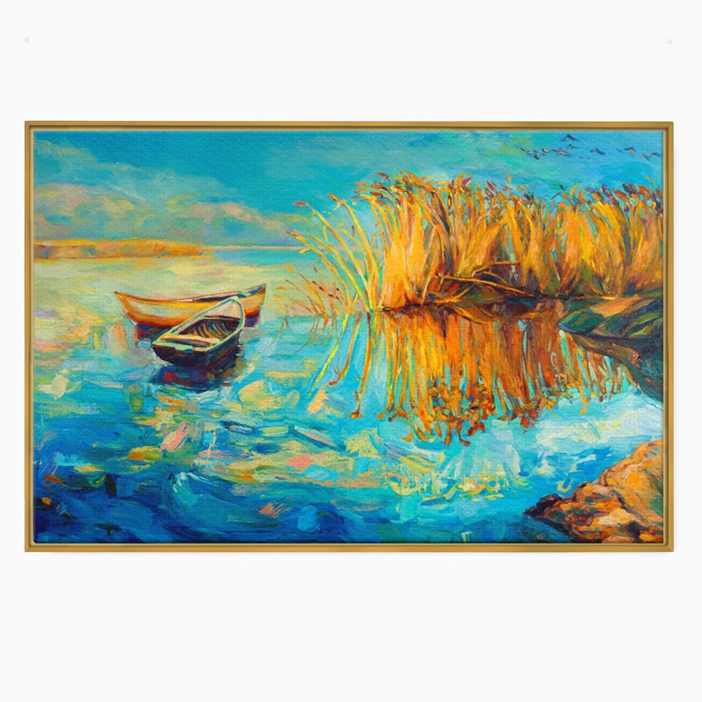 Tablou Canvas Premium  LuxCanva® A1096, Doua Barci , Stuf, Lac, Pasari, Culori Vibrante