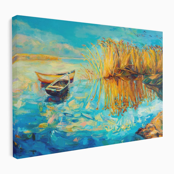 Tablou Canvas Premium  LuxCanva® A1096, Doua Barci , Stuf, Lac, Pasari, Culori Vibrante