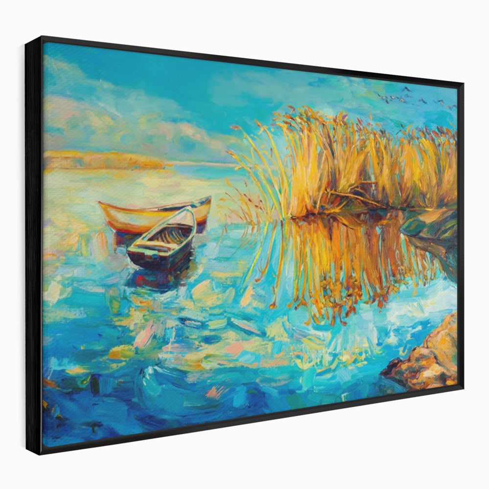 Tablou Canvas Premium  LuxCanva® A1096, Doua Barci , Stuf, Lac, Pasari, Culori Vibrante