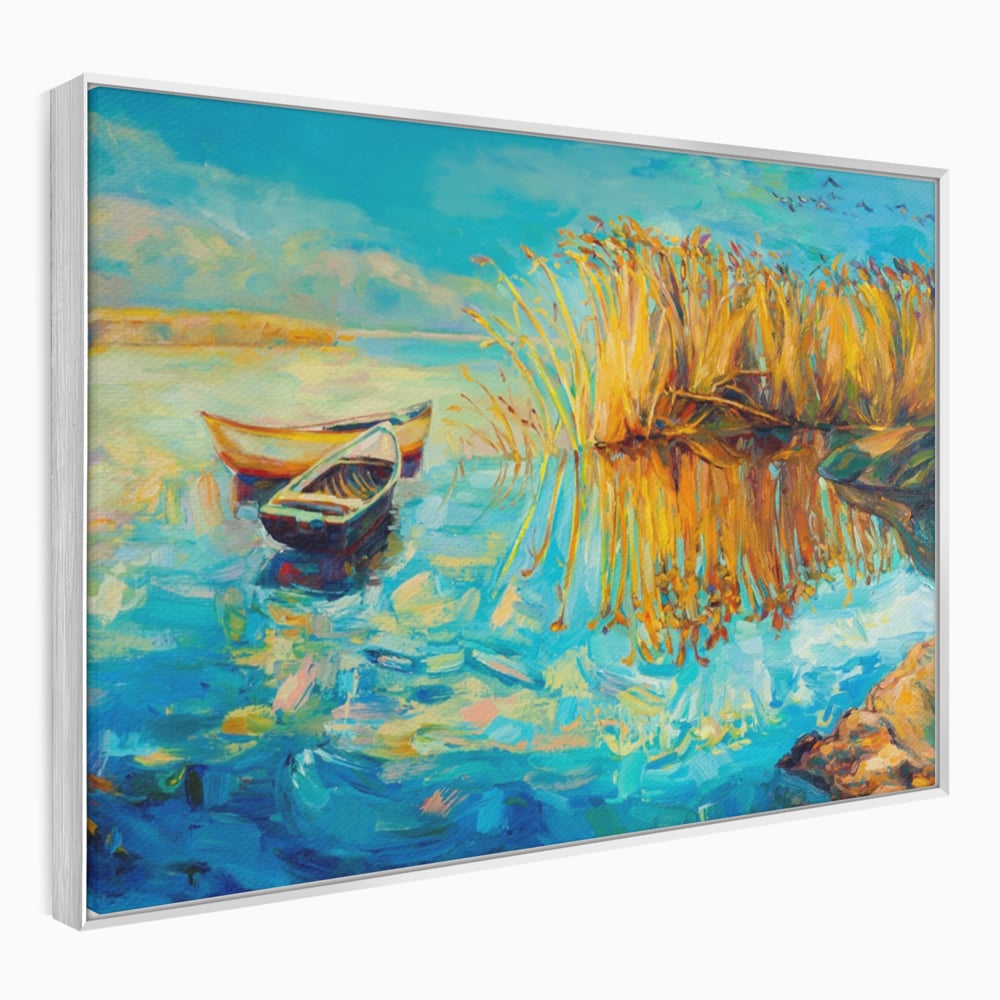 Tablou Canvas Premium  LuxCanva® A1096, Doua Barci , Stuf, Lac, Pasari, Culori Vibrante