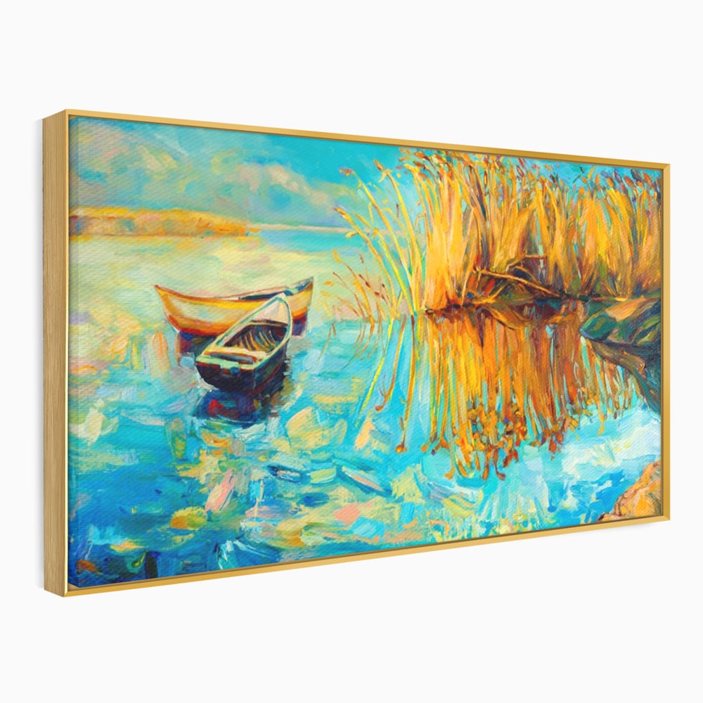 Tablou Canvas Premium  LuxCanva® A1096, Doua Barci , Stuf, Lac, Pasari, Culori Vibrante