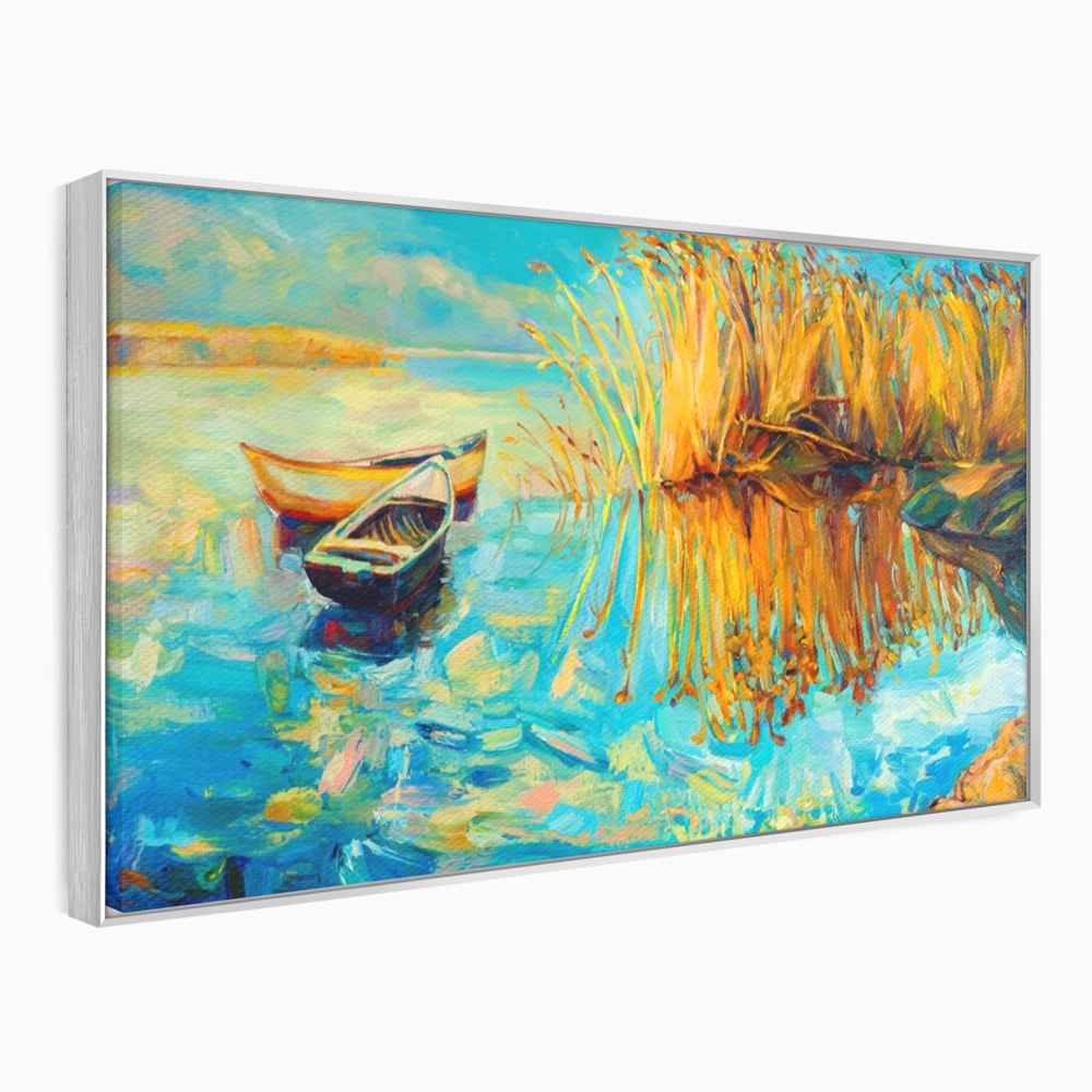 Tablou Canvas Premium  LuxCanva® A1096, Doua Barci , Stuf, Lac, Pasari, Culori Vibrante