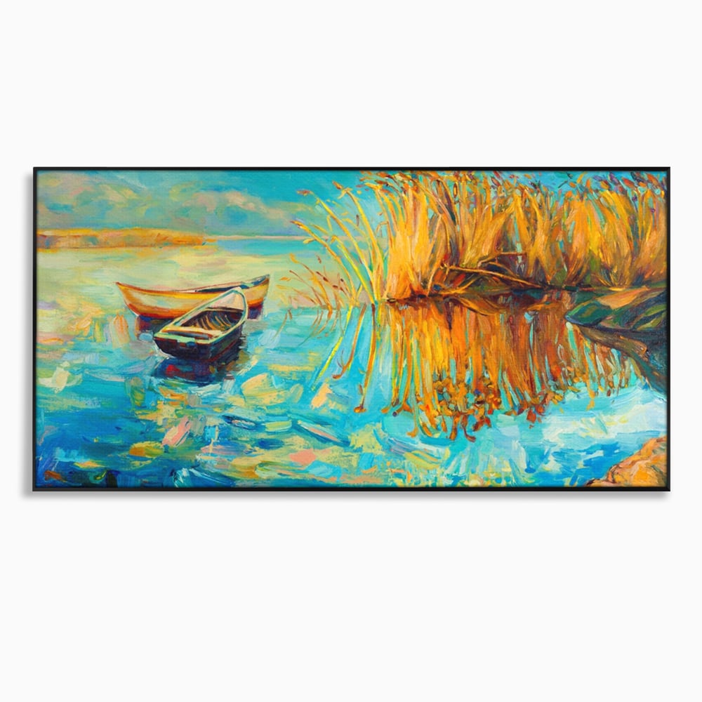 Tablou Canvas Premium  LuxCanva® A1096, Doua Barci , Stuf, Lac, Pasari, Culori Vibrante