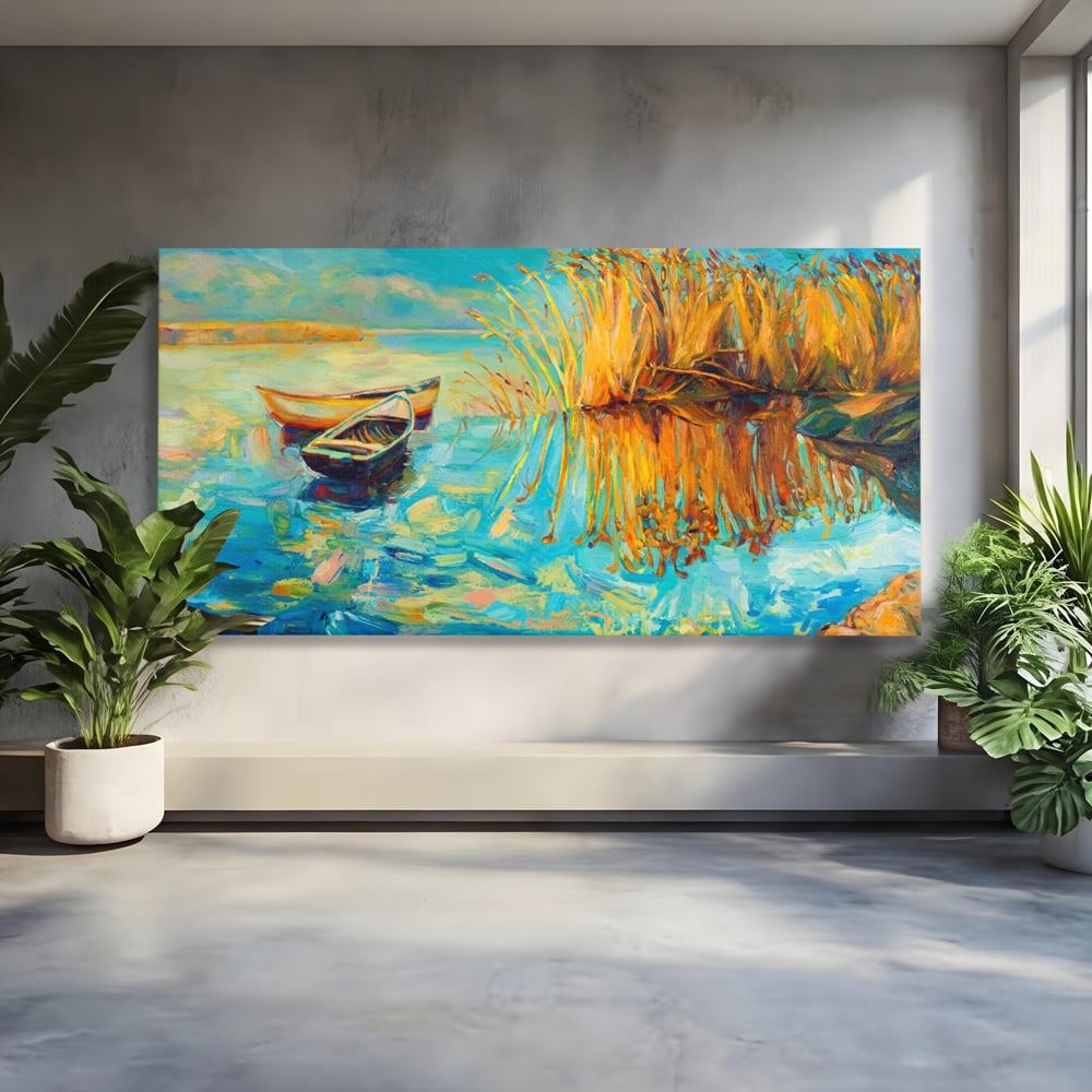 Tablou Canvas Premium  LuxCanva® A1096, Doua Barci , Stuf, Lac, Pasari, Culori Vibrante