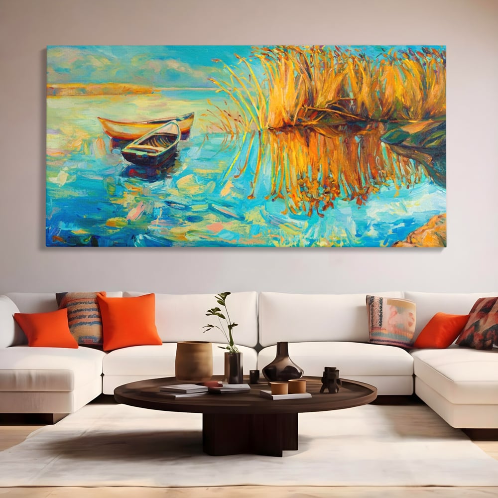 Tablou Canvas Premium  LuxCanva® A1096, Doua Barci , Stuf, Lac, Pasari, Culori Vibrante