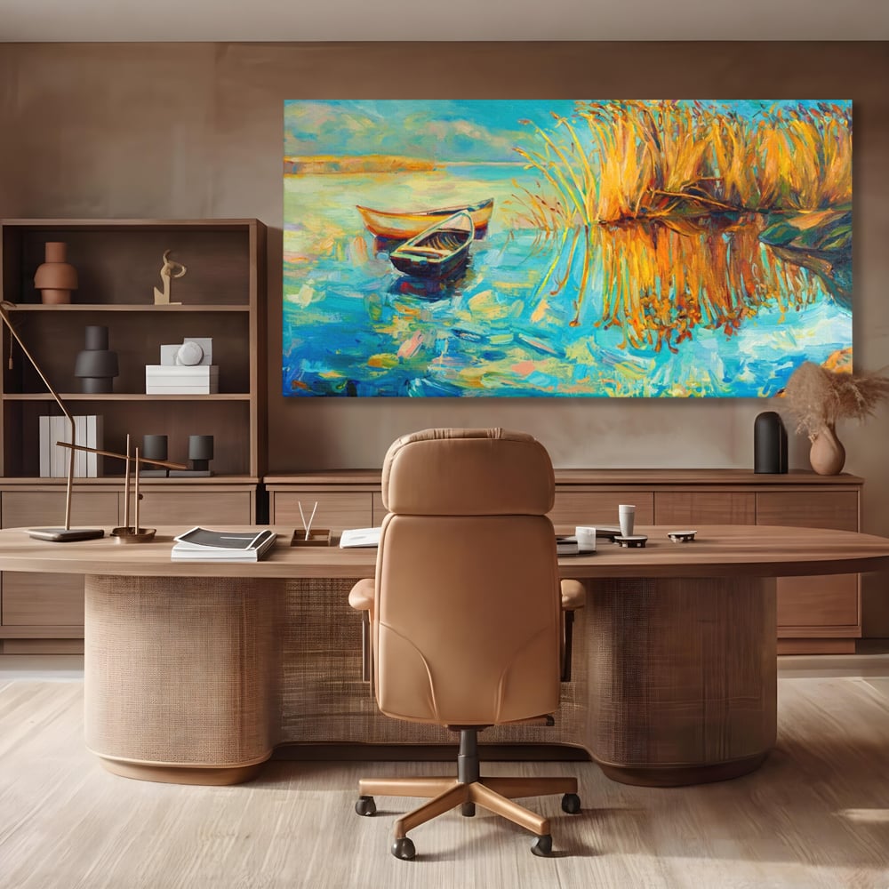 Tablou Canvas Premium  LuxCanva® A1096, Doua Barci , Stuf, Lac, Pasari, Culori Vibrante