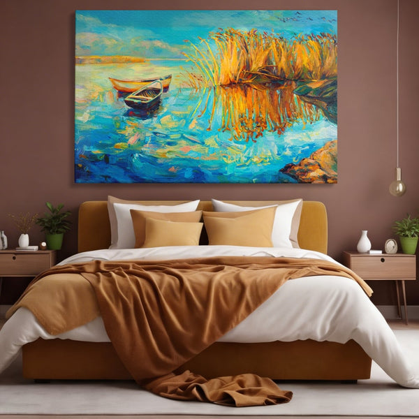 Tablou Canvas Premium  LuxCanva® A1096, Doua Barci , Stuf, Lac, Pasari, Culori Vibrante