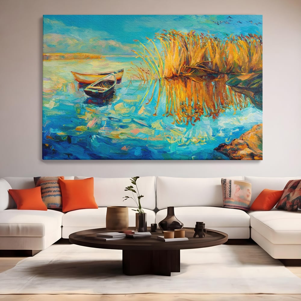 Tablou Canvas Premium  LuxCanva® A1096, Doua Barci , Stuf, Lac, Pasari, Culori Vibrante