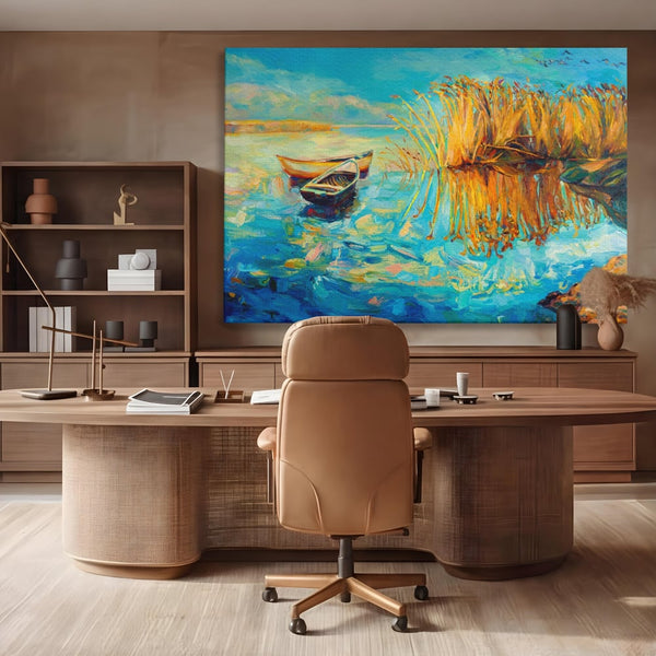 Tablou Canvas Premium  LuxCanva® A1096, Doua Barci , Stuf, Lac, Pasari, Culori Vibrante