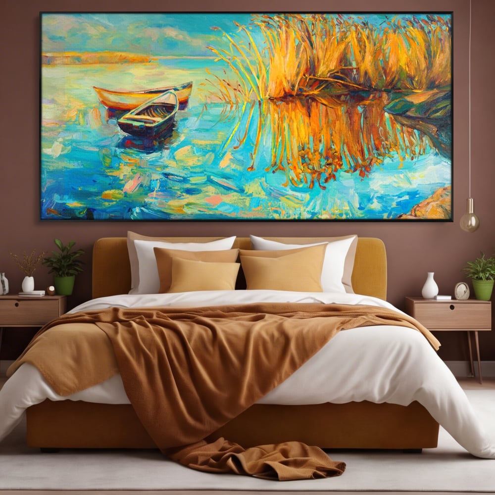 Tablou Canvas Premium  LuxCanva® A1096, Doua Barci , Stuf, Lac, Pasari, Culori Vibrante